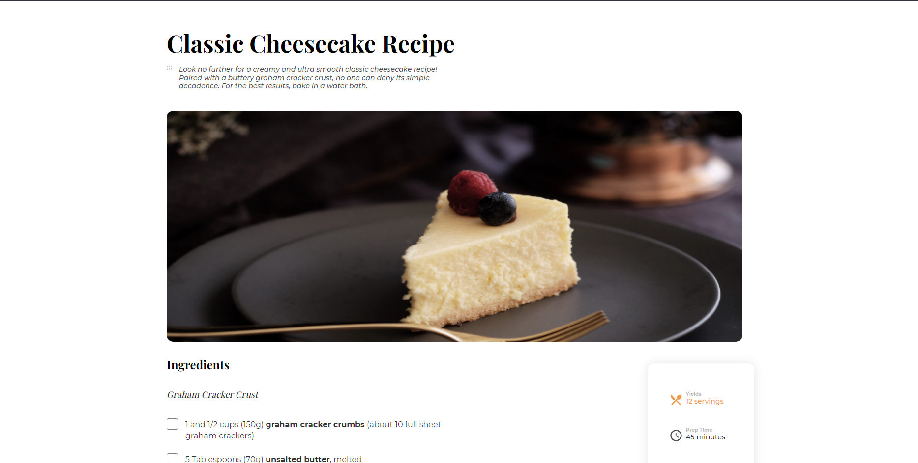 View of the recipe of cheese-cake page project.